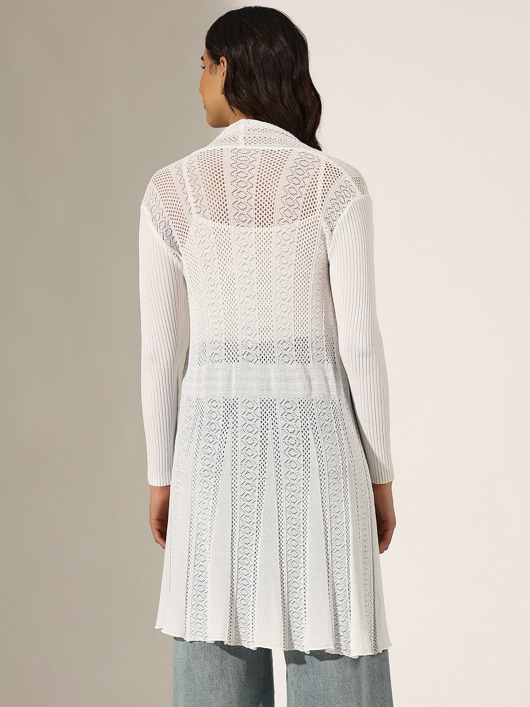 Women's Textured White Open Knit Long Shrug