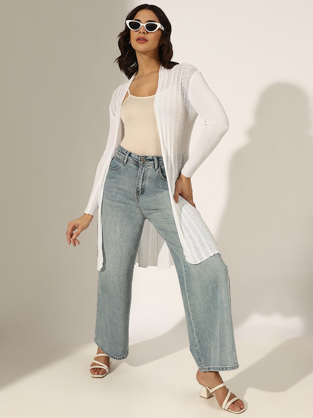 Women's Textured White Open Knit Long Shrug