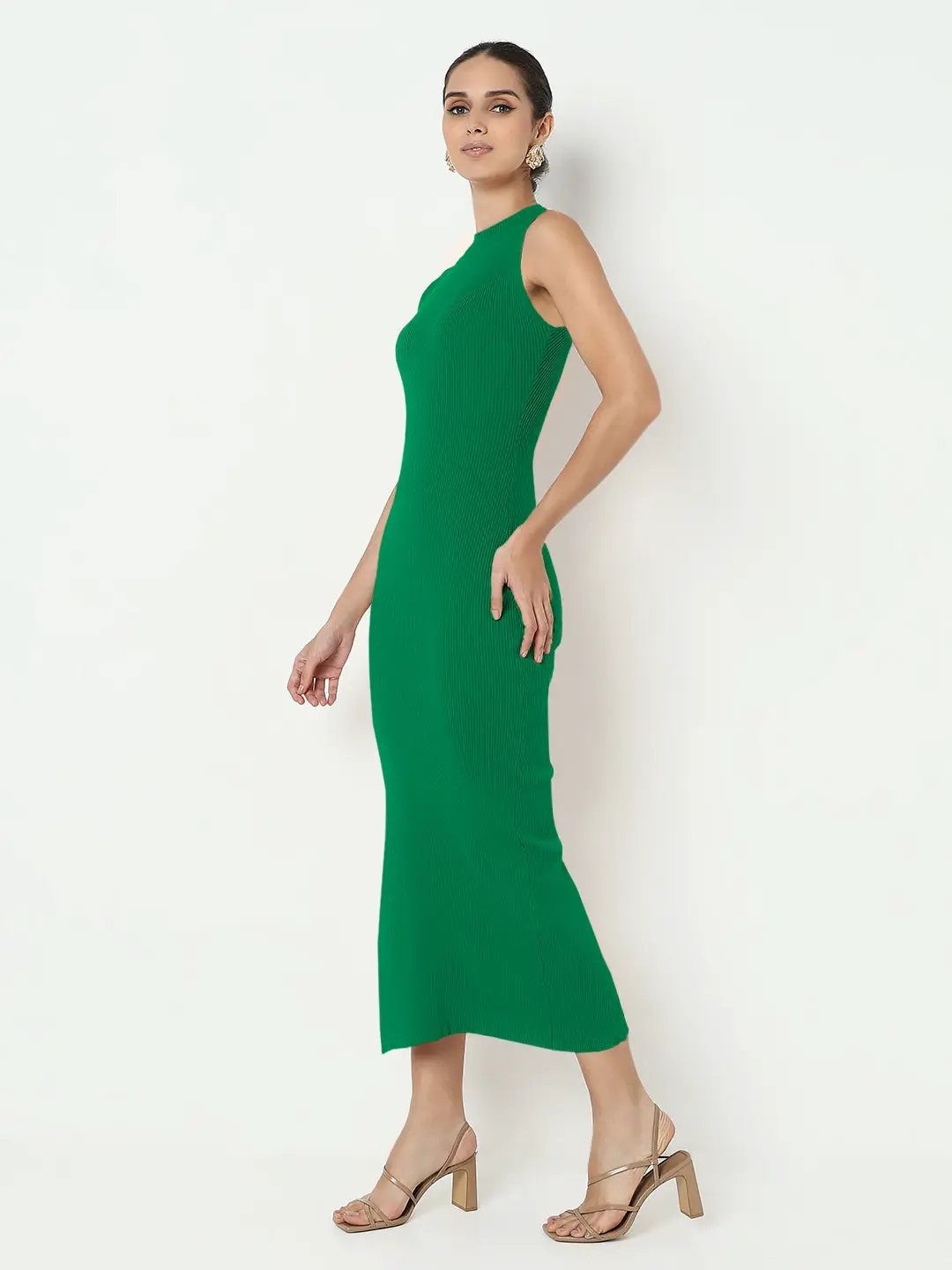 Shop Women's Green High Neck Bodycon Maxi Sleeveless Dress with Side Slit| Showoffff Shop Women's Green High Neck Bodycon Maxi Sleeveless Dress with Side Slit| Showoffff
