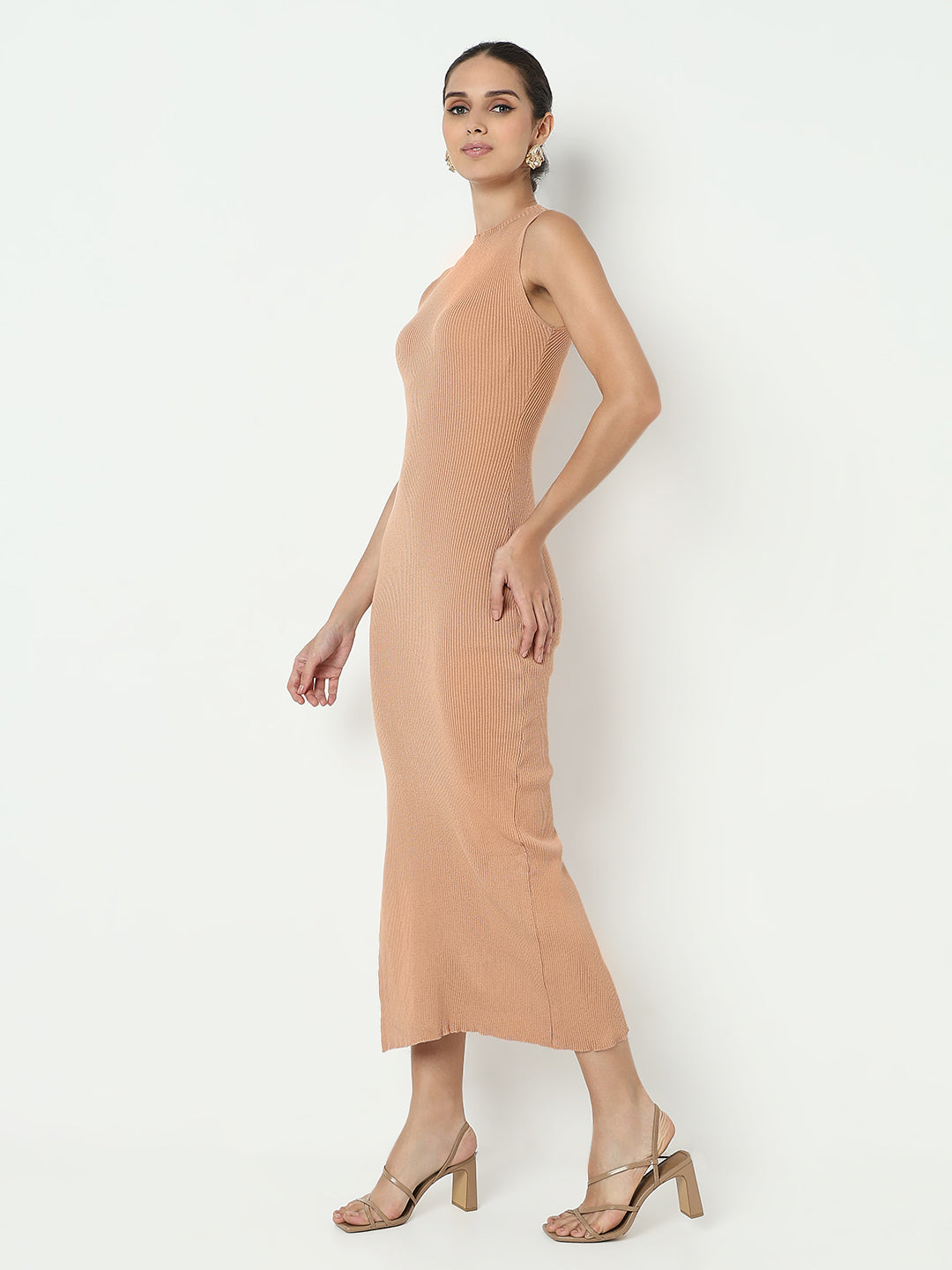 Women's Peach High Neck Bodycon Maxi Sleeveless Dress with Side Slit