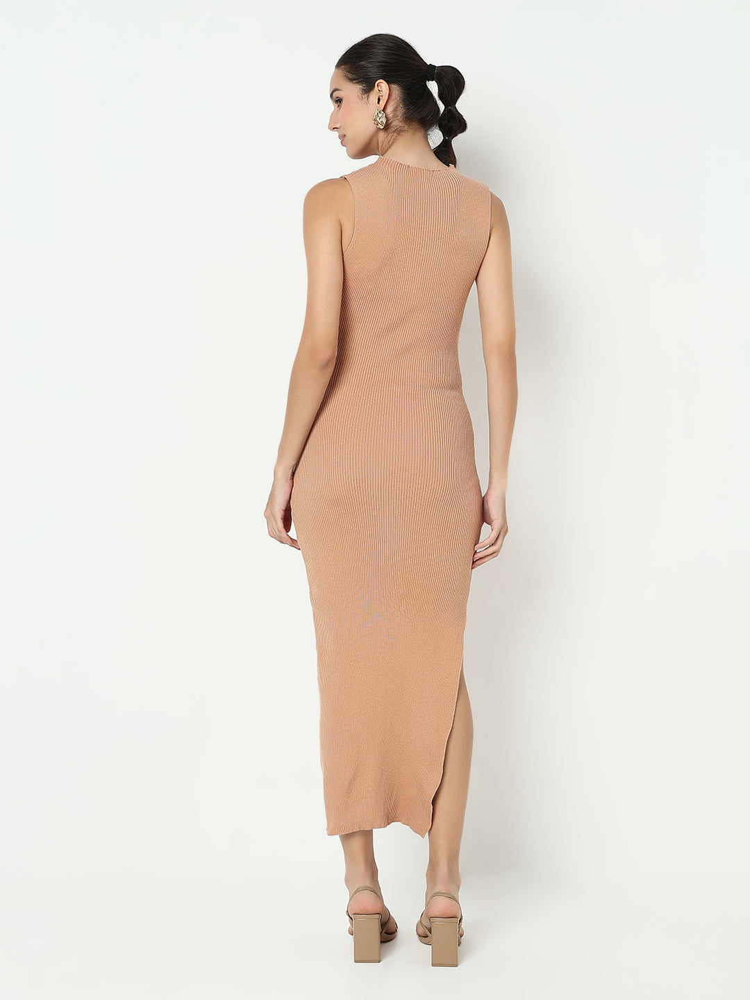 Women's Peach High Neck Bodycon Maxi Sleeveless Dress with Side Slit