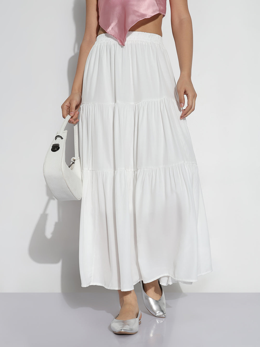 Women White Self Design Flared Midi Skirt