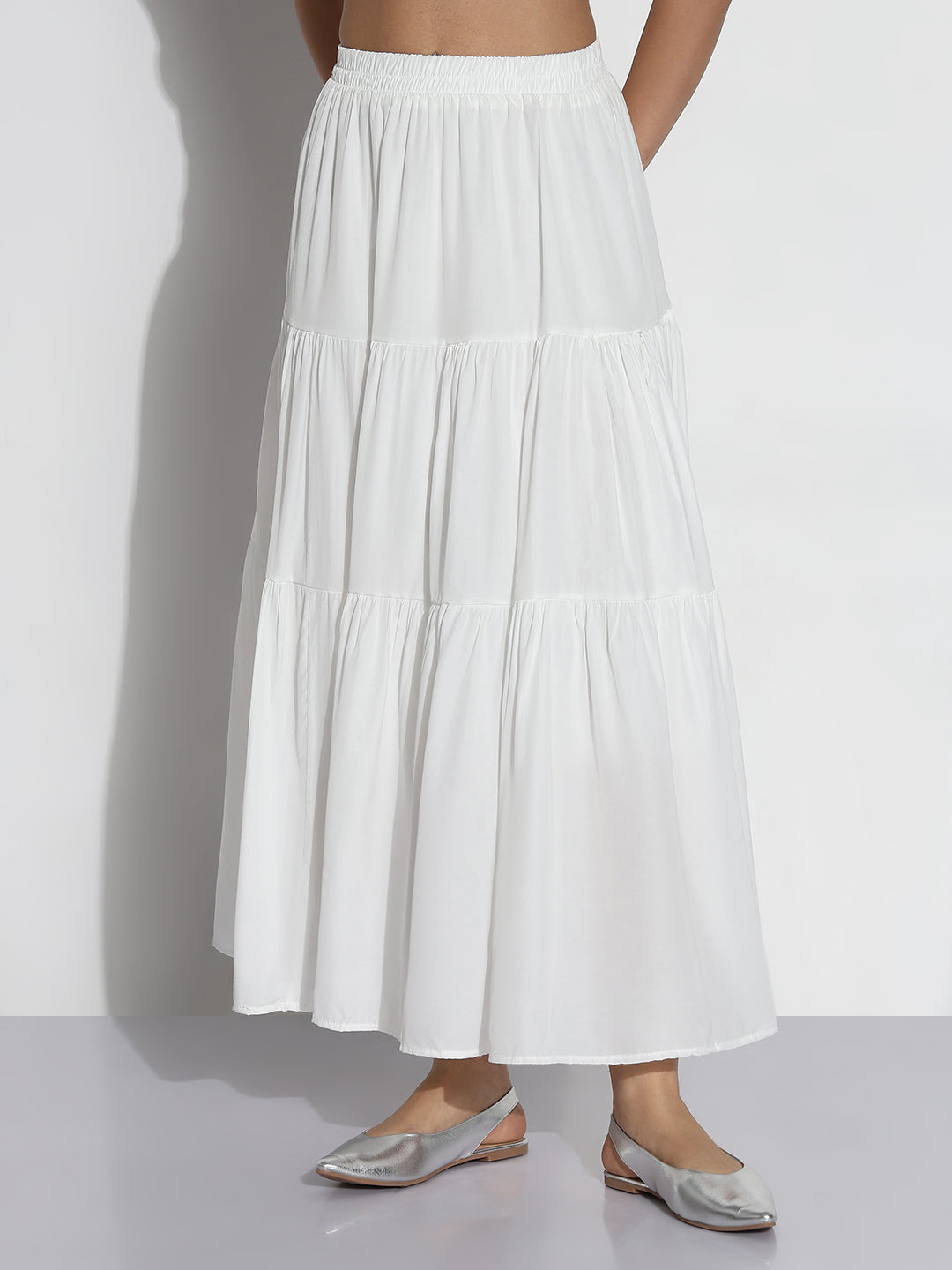 Women White Self Design Flared Midi Skirt