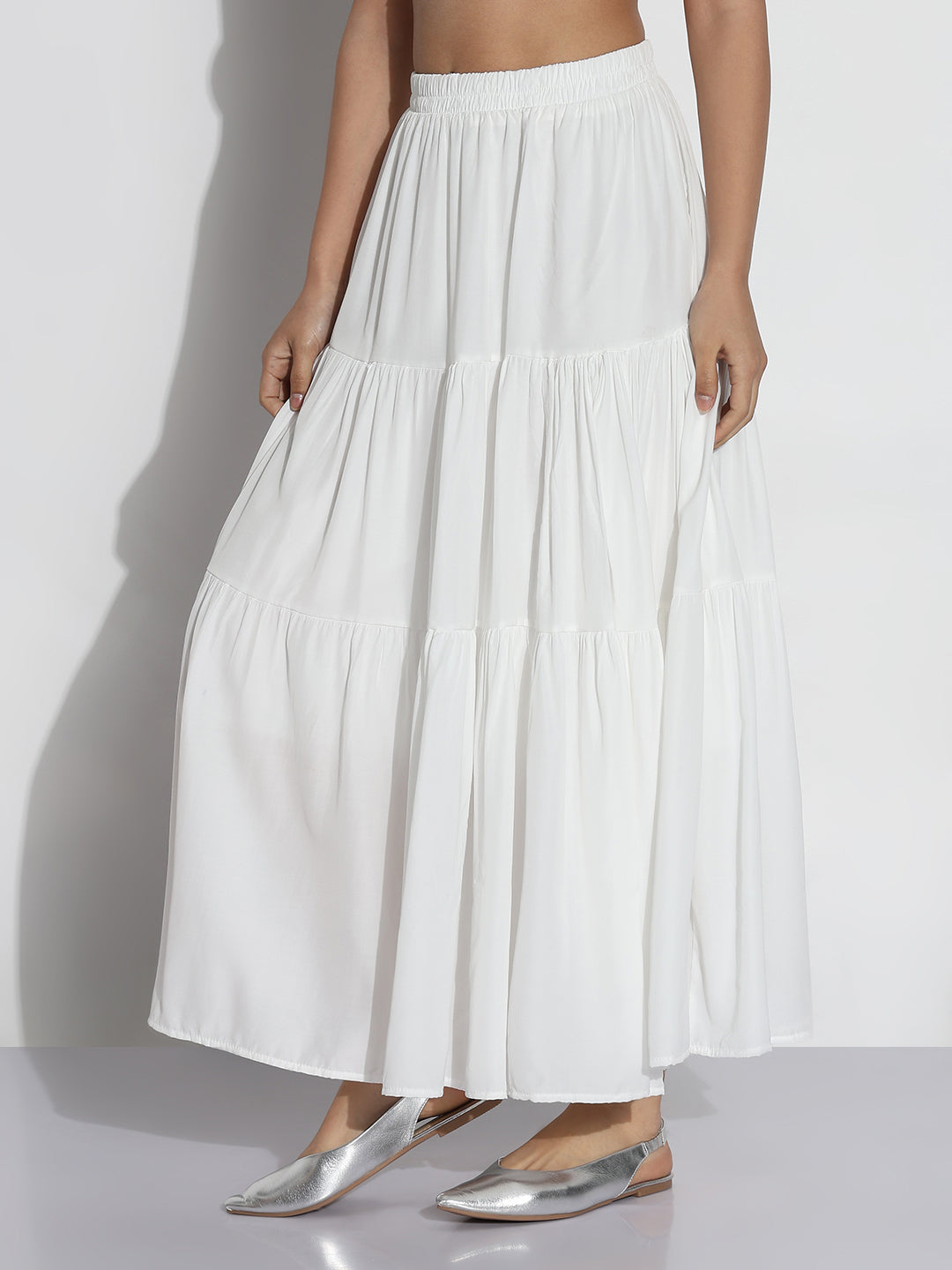 Women White Self Design Flared Midi Skirt