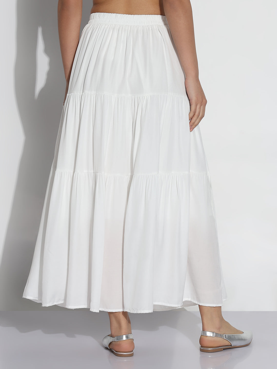 Women White Self Design Flared Midi Skirt