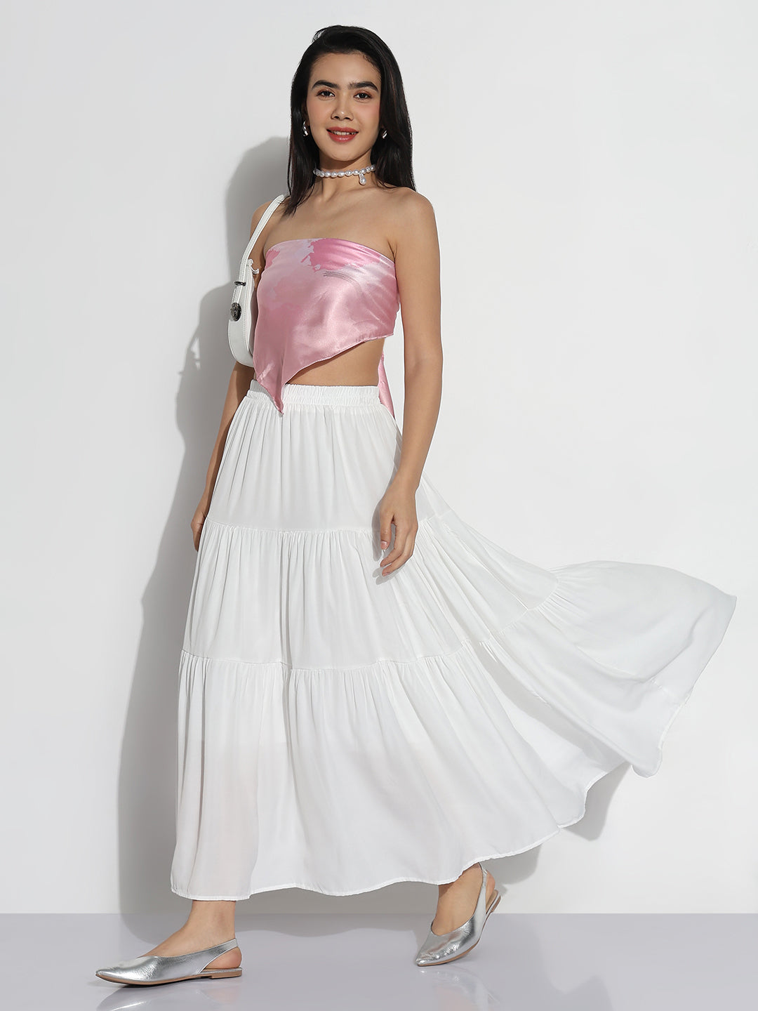 Women White Self Design Flared Midi Skirt