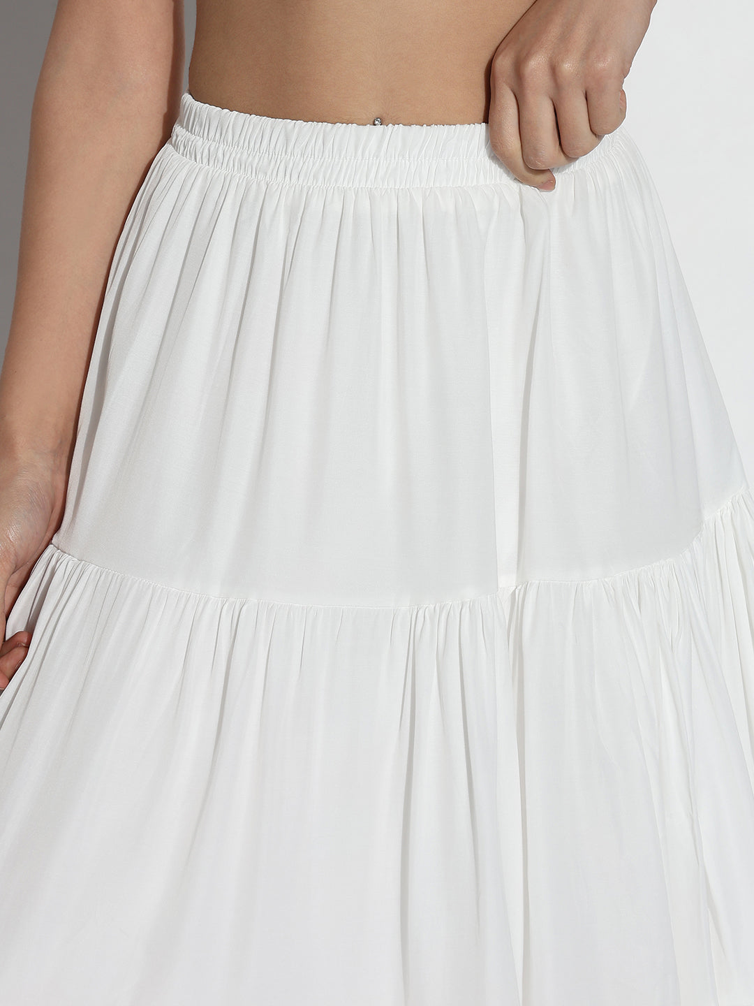 Women White Self Design Flared Midi Skirt