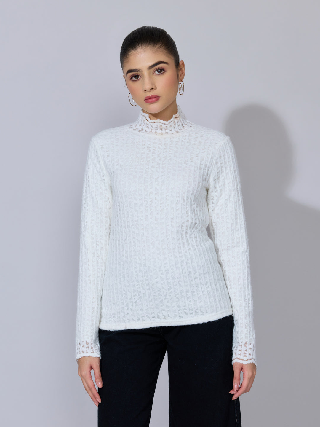 Women's Floral Textured White Lace High-Neck Top