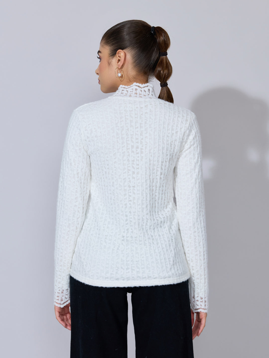 Women's Floral Textured White Lace High-Neck Top