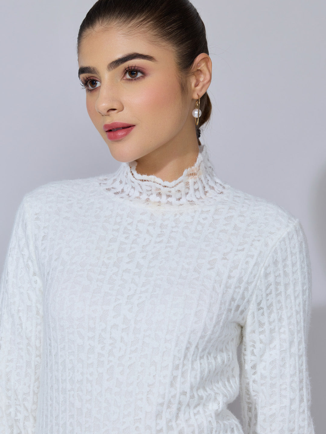 Women's Floral Textured White Lace High-Neck Top