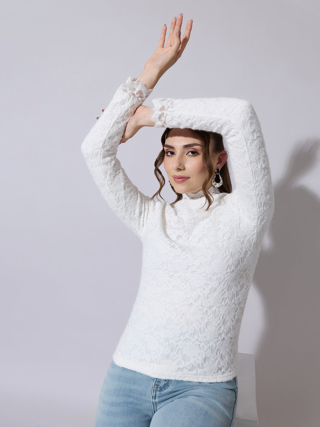 Women's Floral Textured White Lace High-Neck Top