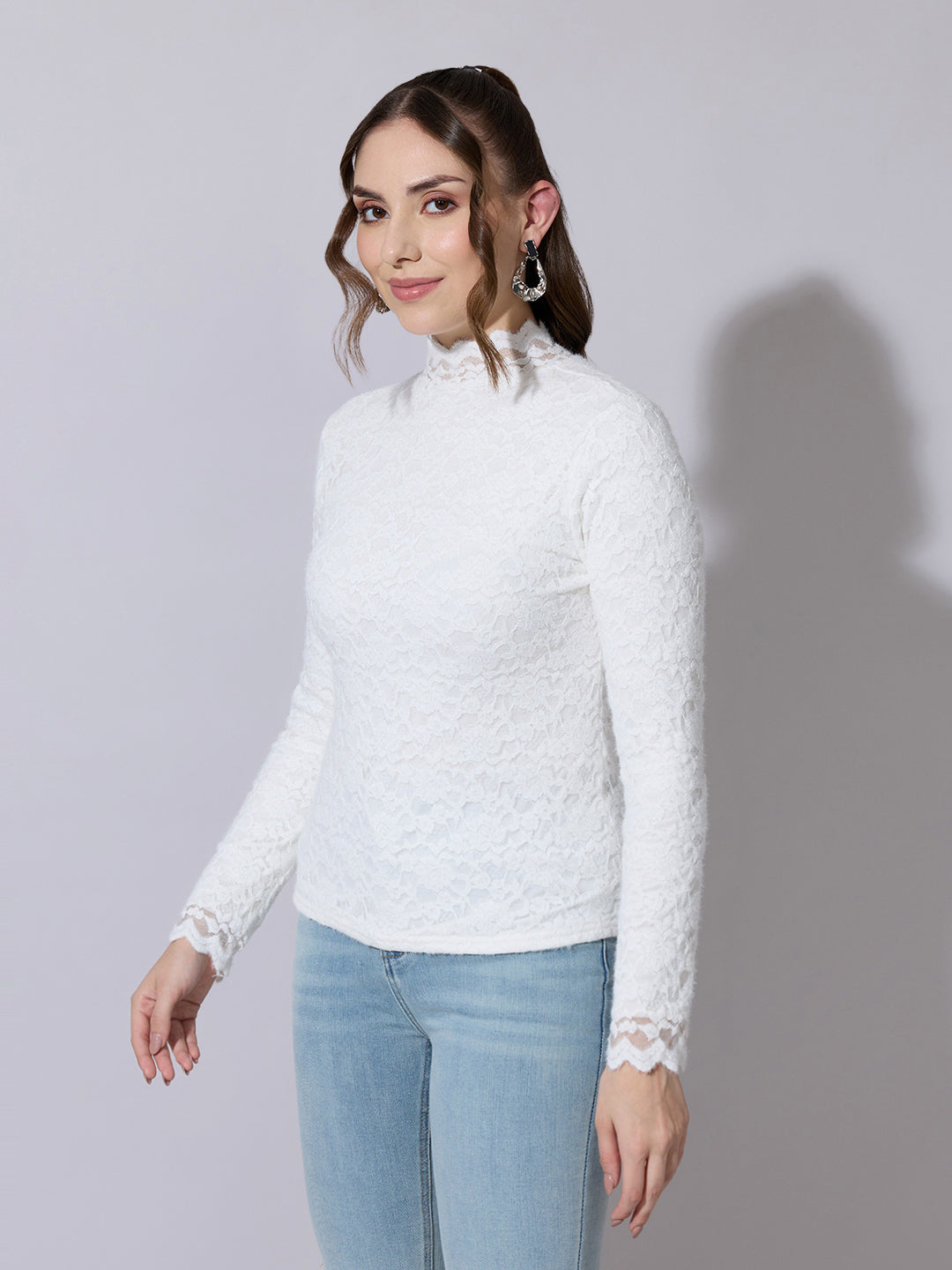 Women's Floral Textured White Lace High-Neck Top