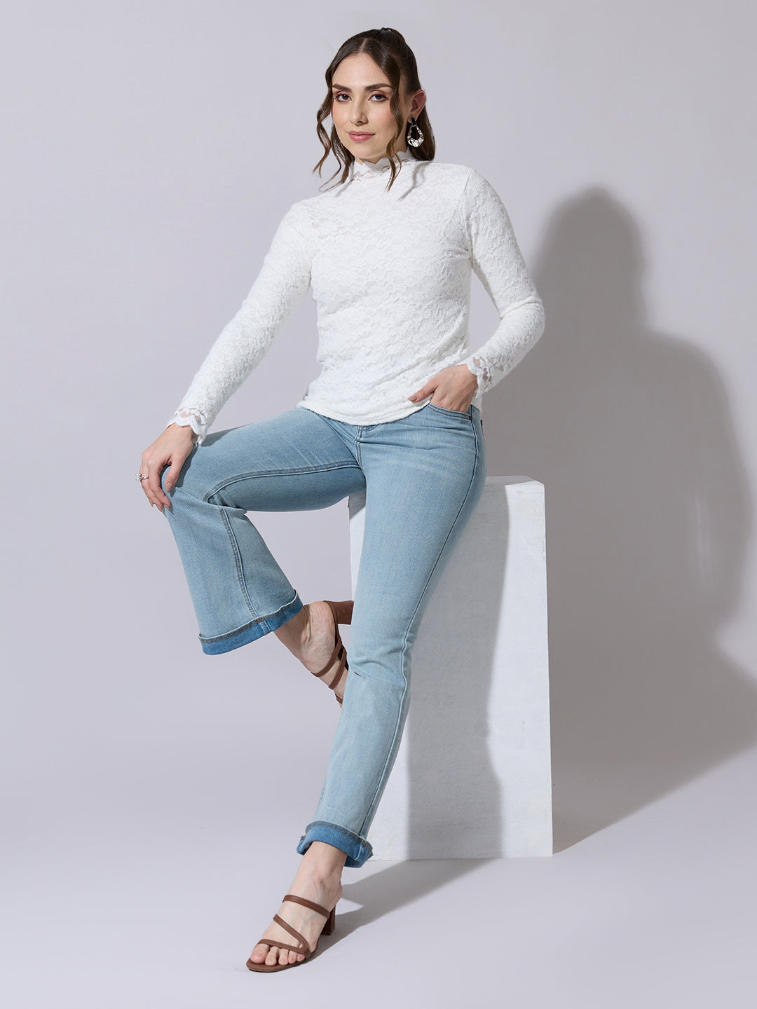 Women's Floral Textured White Lace High-Neck Top