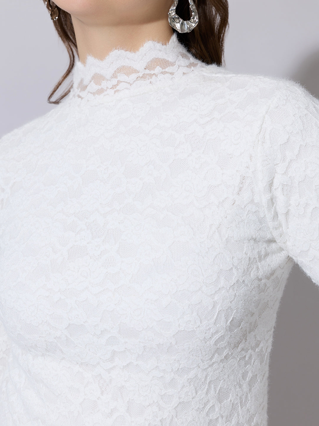 Women's Floral Textured White Lace High-Neck Top