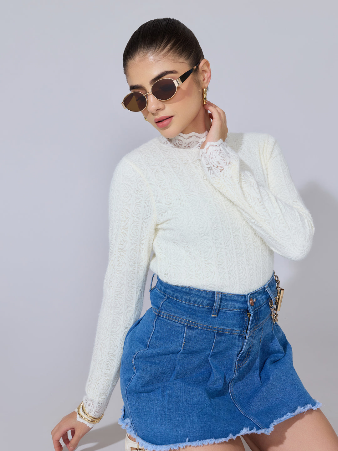 Women's Floral Textured Off White Lace High-Neck Top