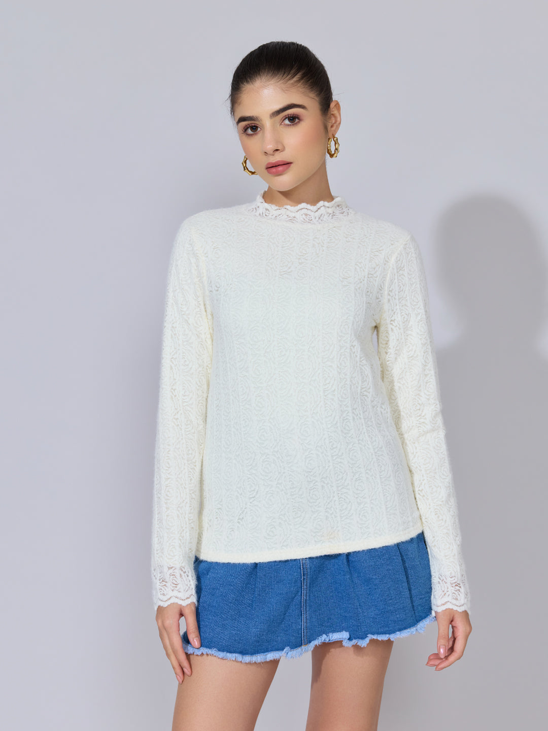 Women's Floral Textured Off White Lace High-Neck Top