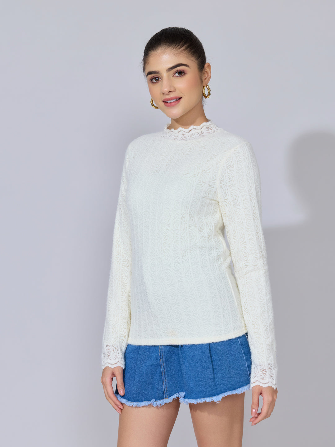 Women's Floral Textured Off White Lace High-Neck Top