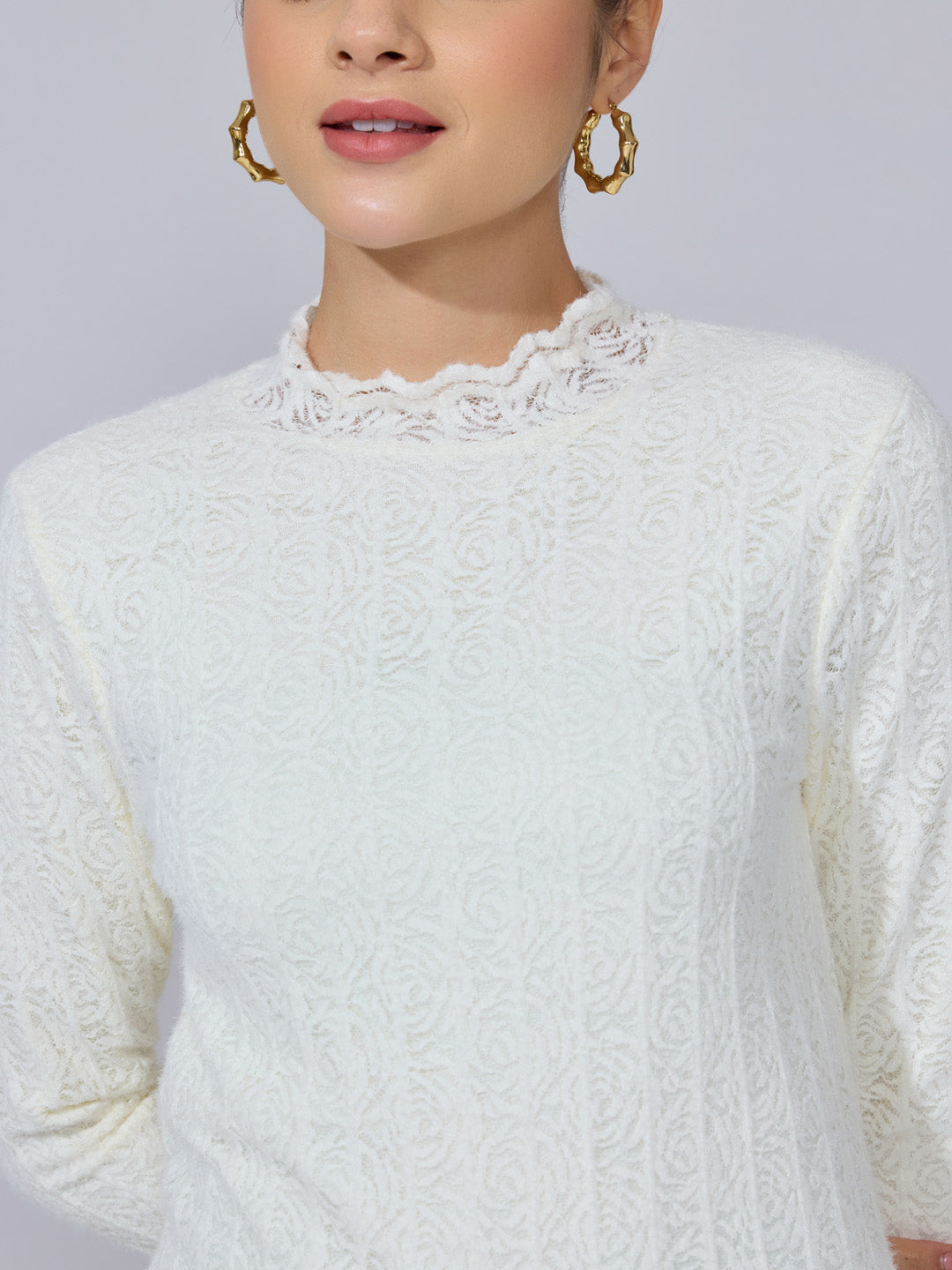 Women's Floral Textured Off White Lace High-Neck Top