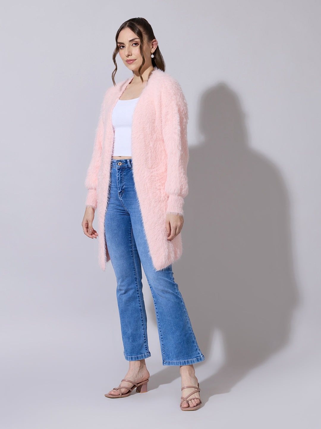 Women's Fuzzy Knit Pink Long Open Front Shrug