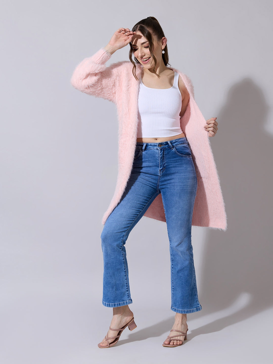 Women's Fuzzy Knit Pink Long Open Front Shrug