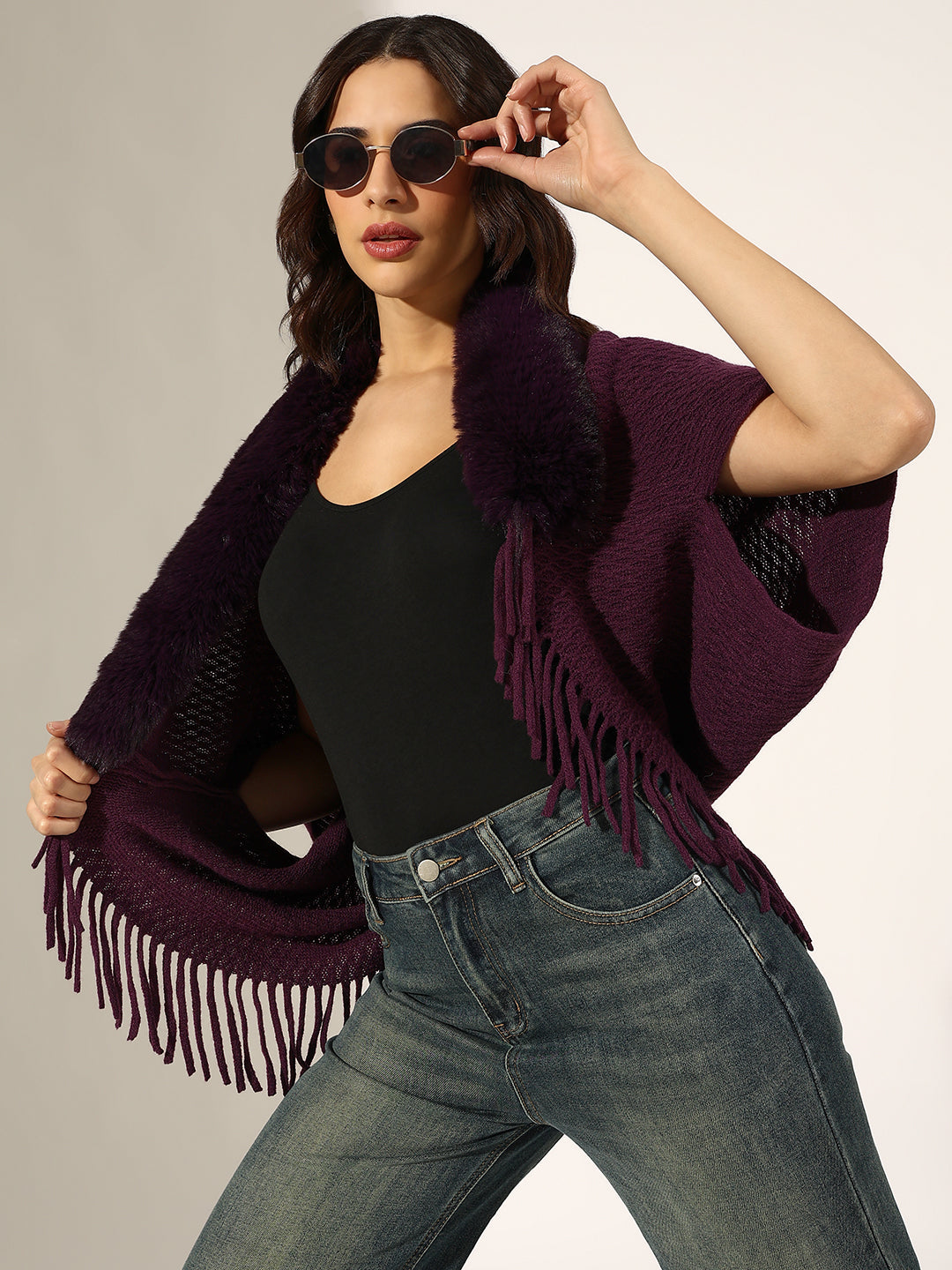 Women's Textured Purple Faux Fur Collar Poncho with Fringed Hem