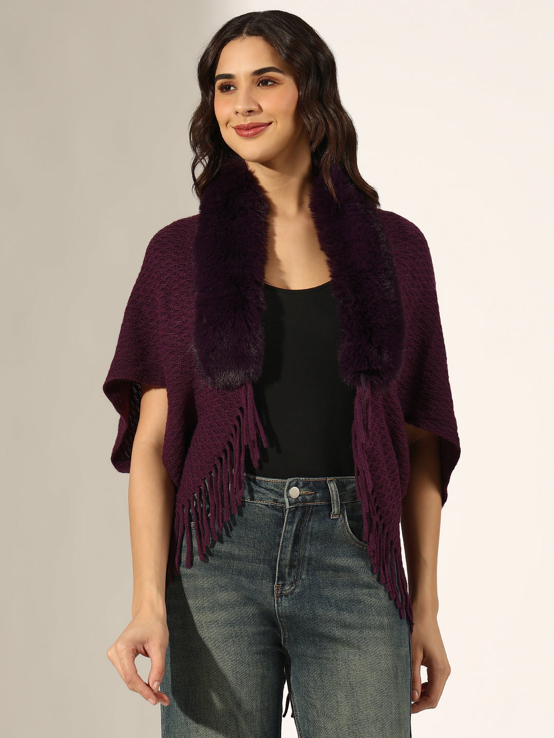 Women's Textured Purple Faux Fur Collar Poncho with Fringed Hem