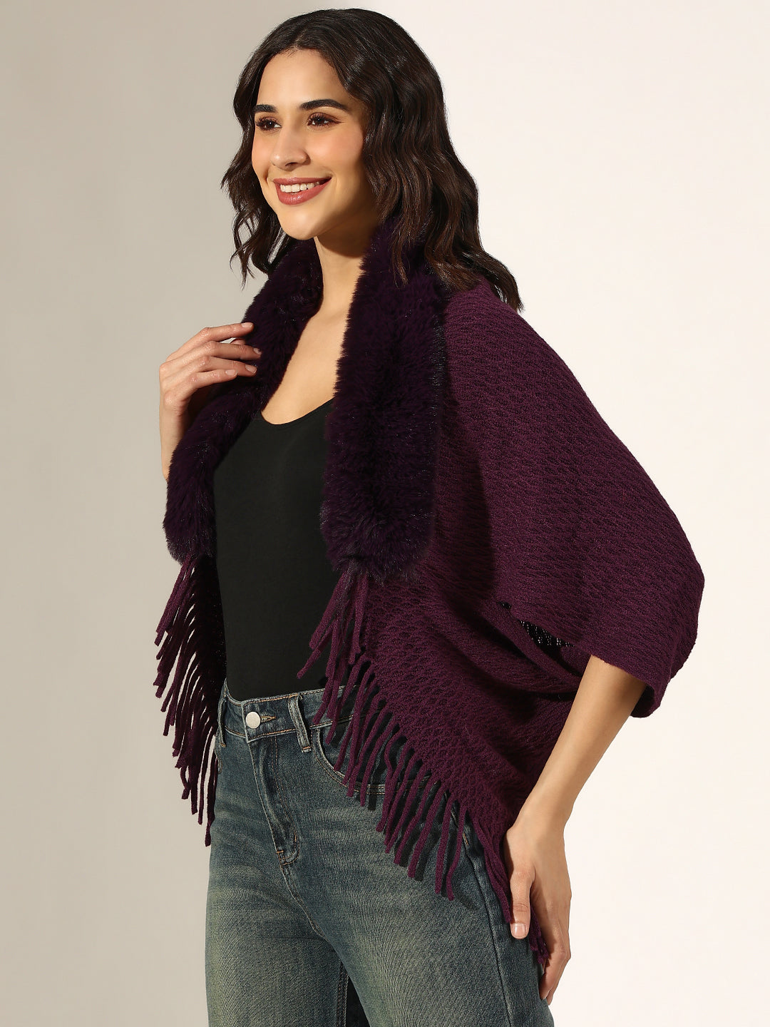 Women's Textured Purple Faux Fur Collar Poncho with Fringed Hem