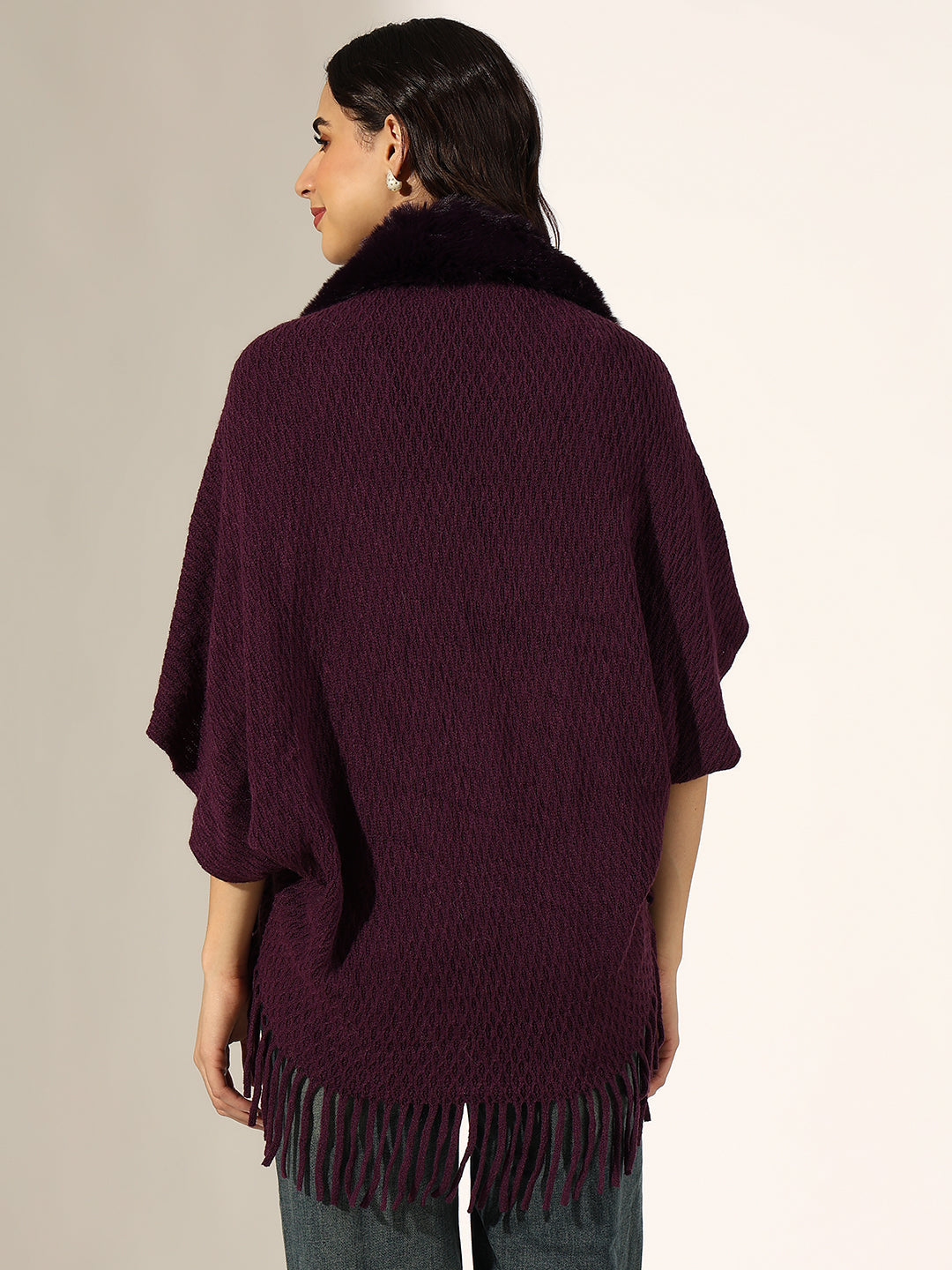 Women's Textured Purple Faux Fur Collar Poncho with Fringed Hem