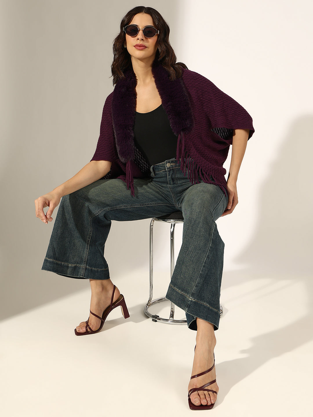 Women's Textured Purple Faux Fur Collar Poncho with Fringed Hem