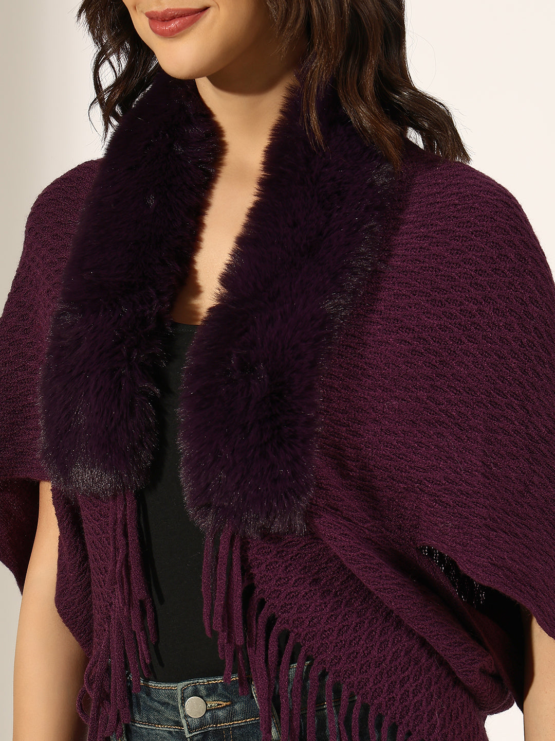 Women's Textured Purple Faux Fur Collar Poncho with Fringed Hem