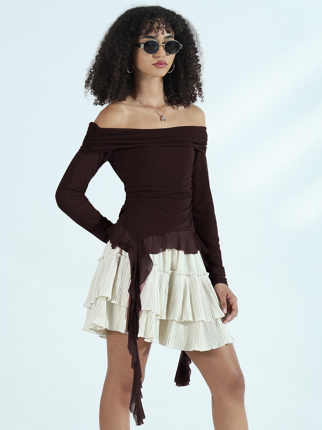 Women's Brown Off-Shoulder Mesh Long Sleeve Top