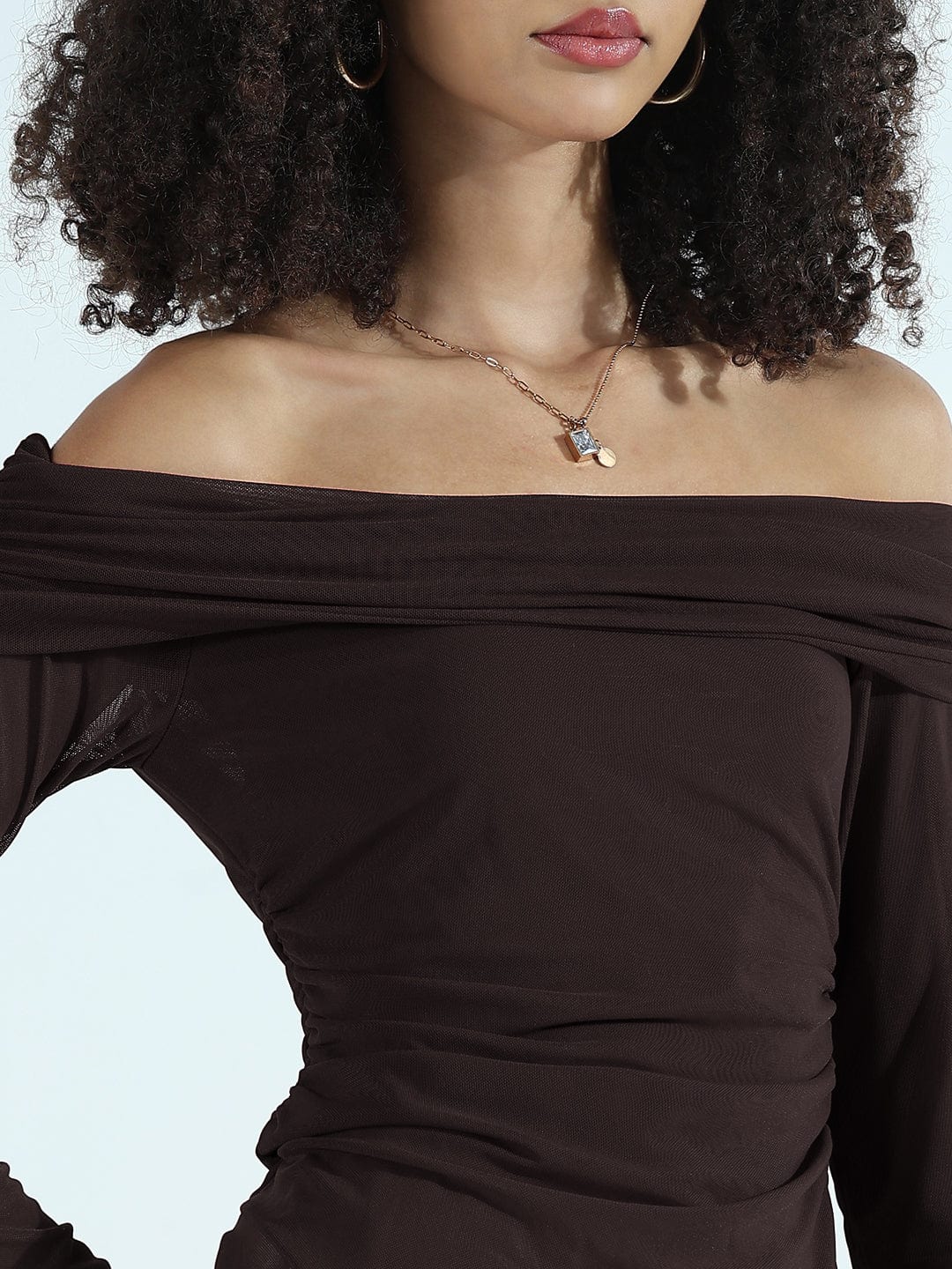 Women's Brown Off-Shoulder Mesh Long Sleeve Top