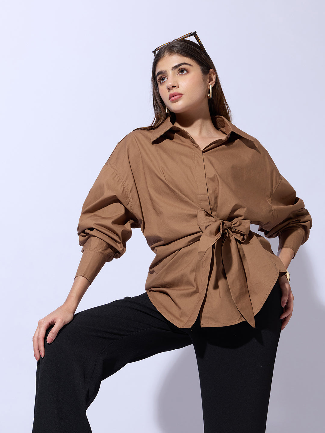 Women's Camel Brown Oversized Tie-Up Shirt with Statement Sleeves