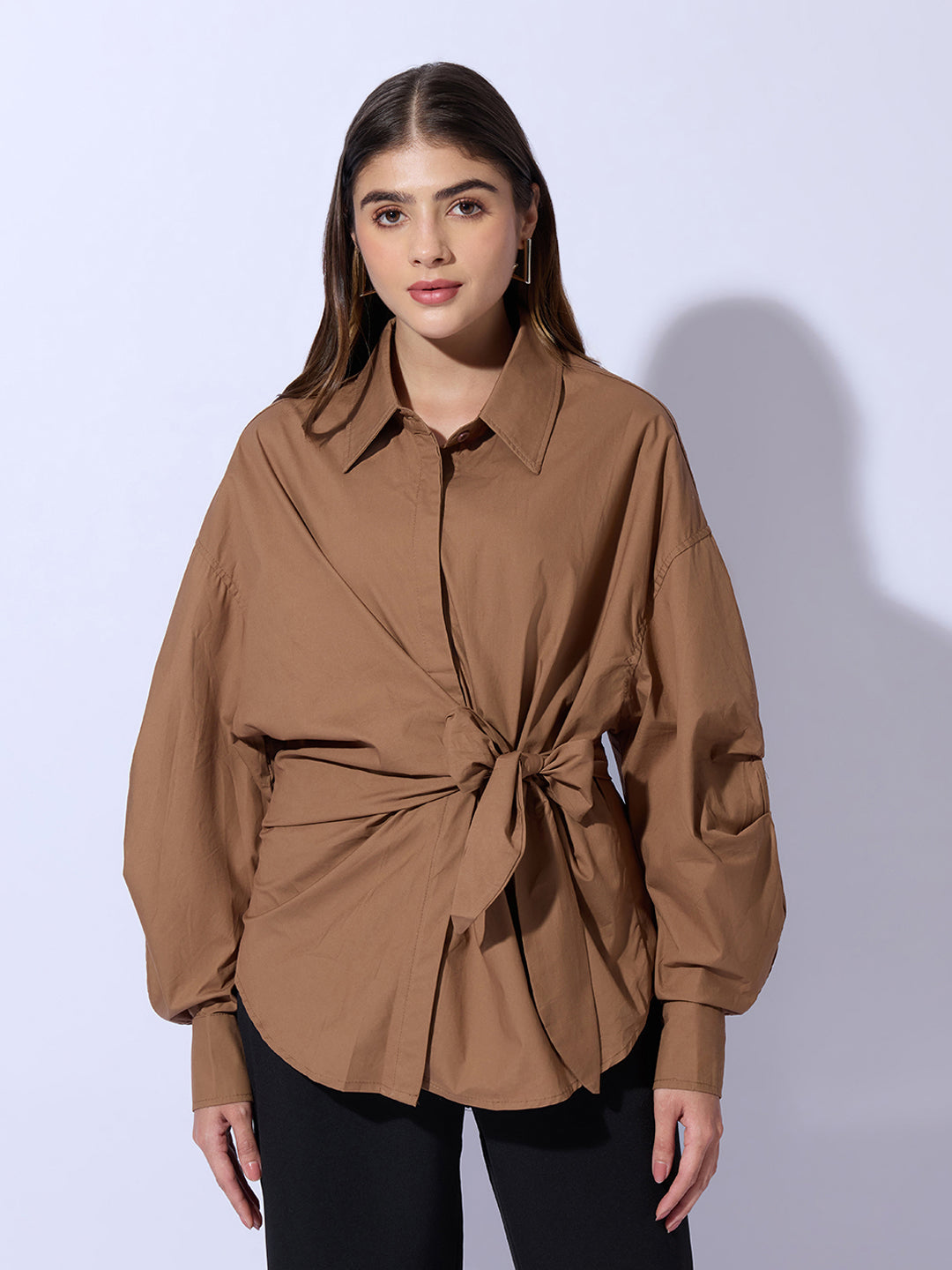 Women's Camel Brown Oversized Tie-Up Shirt with Statement Sleeves