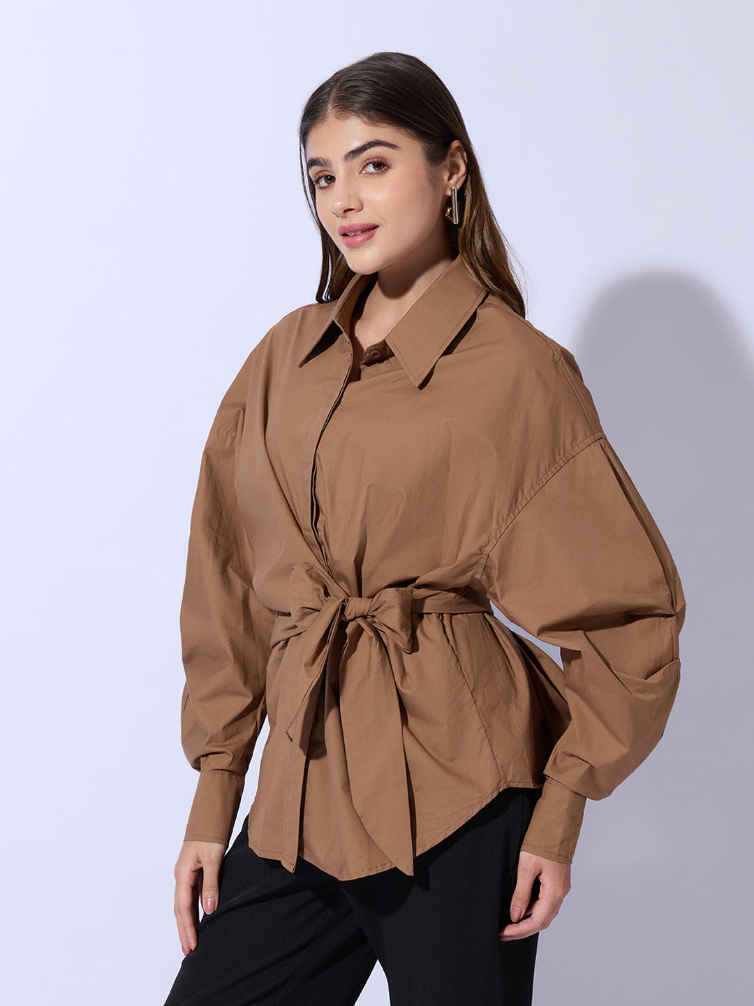 Women's Camel Brown Oversized Tie-Up Shirt with Statement Sleeves