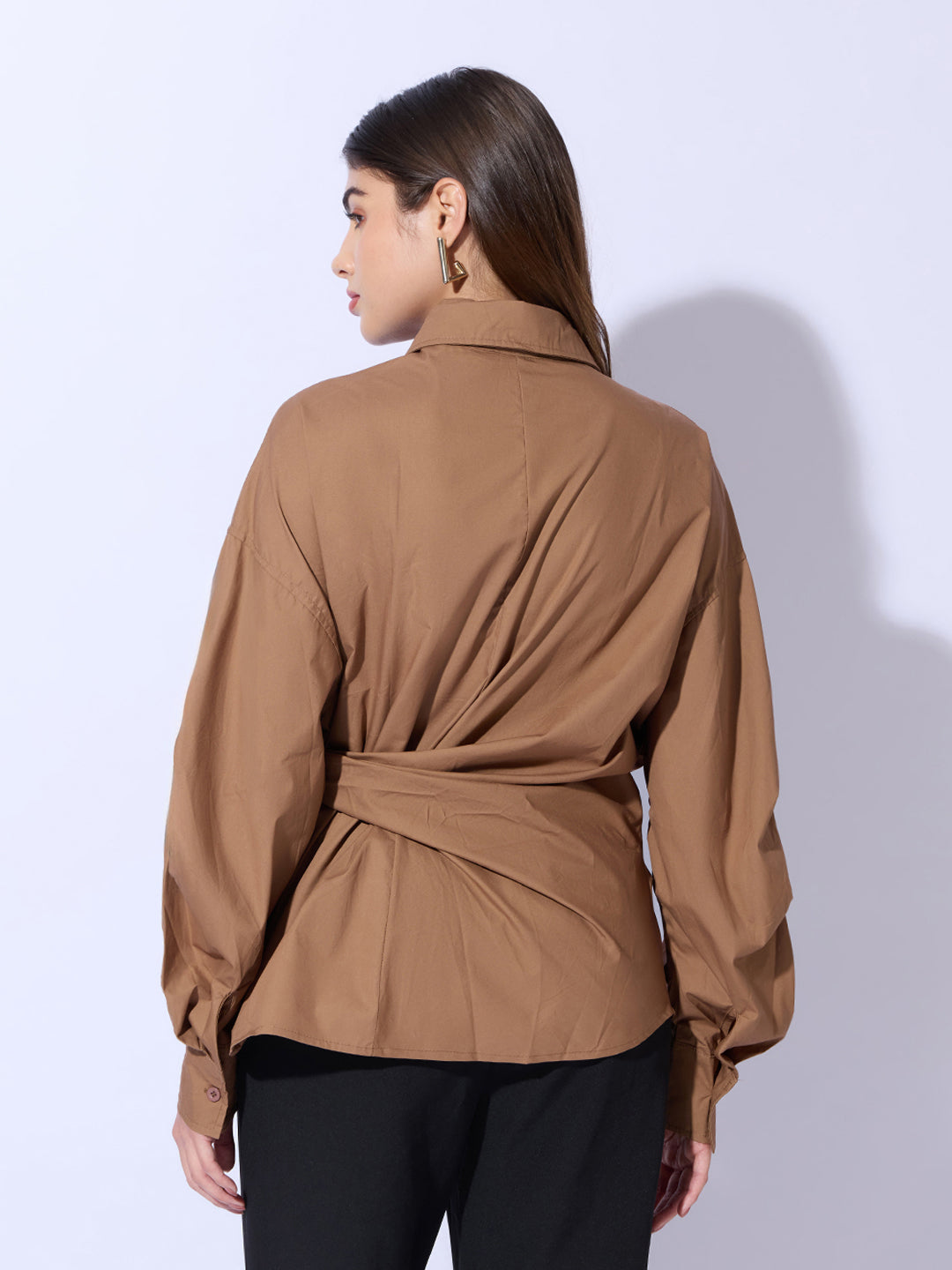 Women's Camel Brown Oversized Tie-Up Shirt with Statement Sleeves