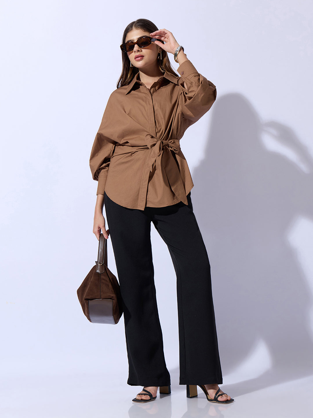 Women's Camel Brown Oversized Tie-Up Shirt with Statement Sleeves