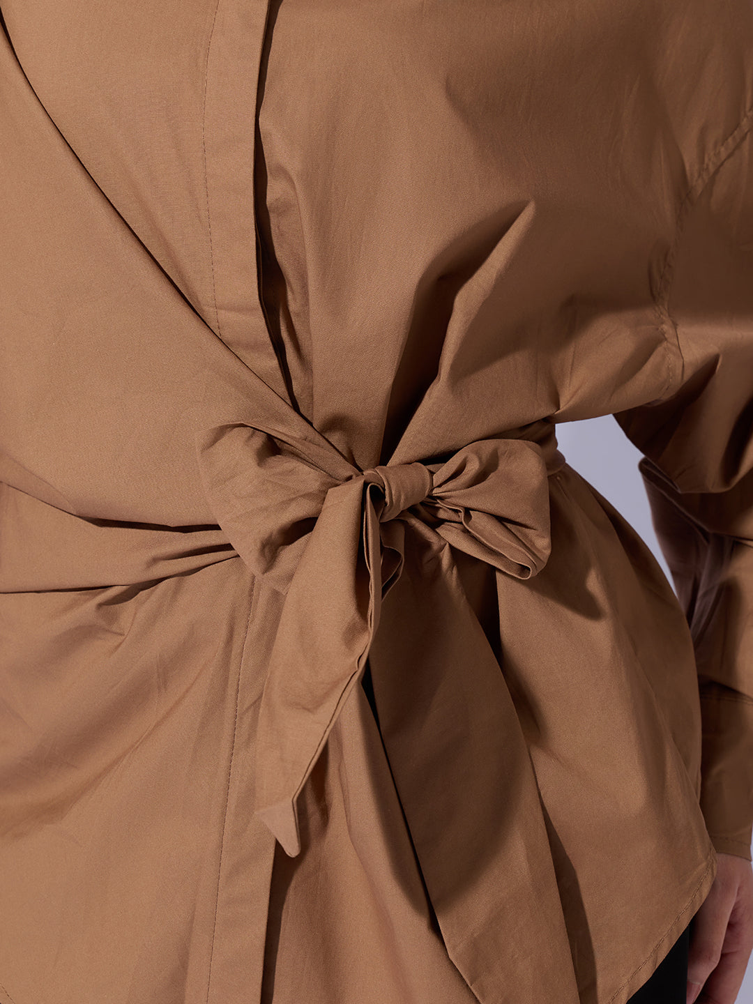 Women's Camel Brown Oversized Tie-Up Shirt with Statement Sleeves