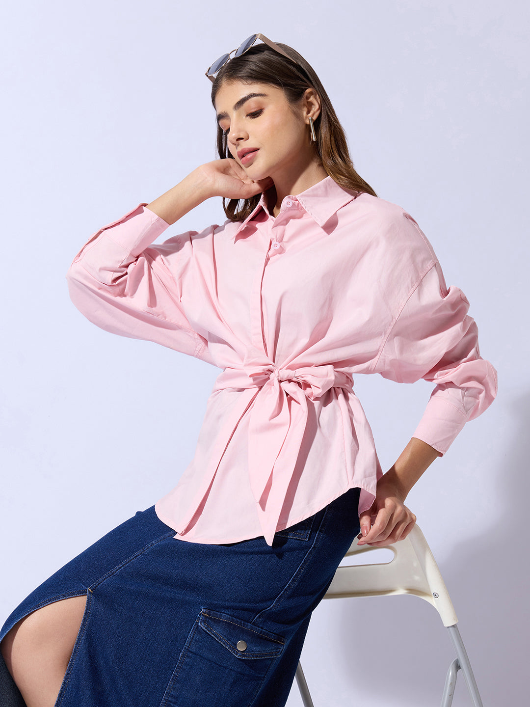 Women's Pink Oversized Tie-Up Shirt with Statement Sleeves