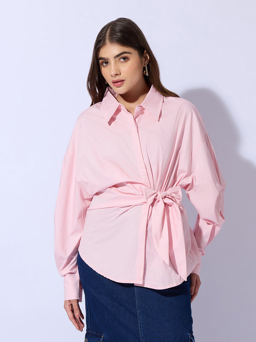 Women's Pink Oversized Tie-Up Shirt with Statement Sleeves
