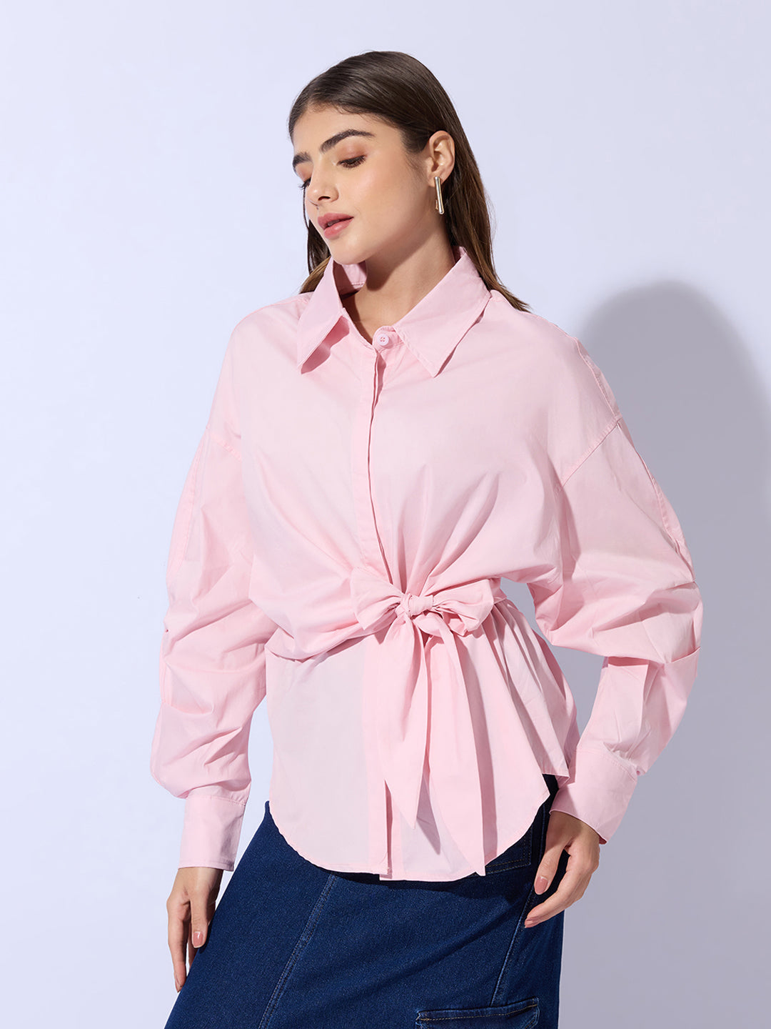 Women's Pink Oversized Tie-Up Shirt with Statement Sleeves