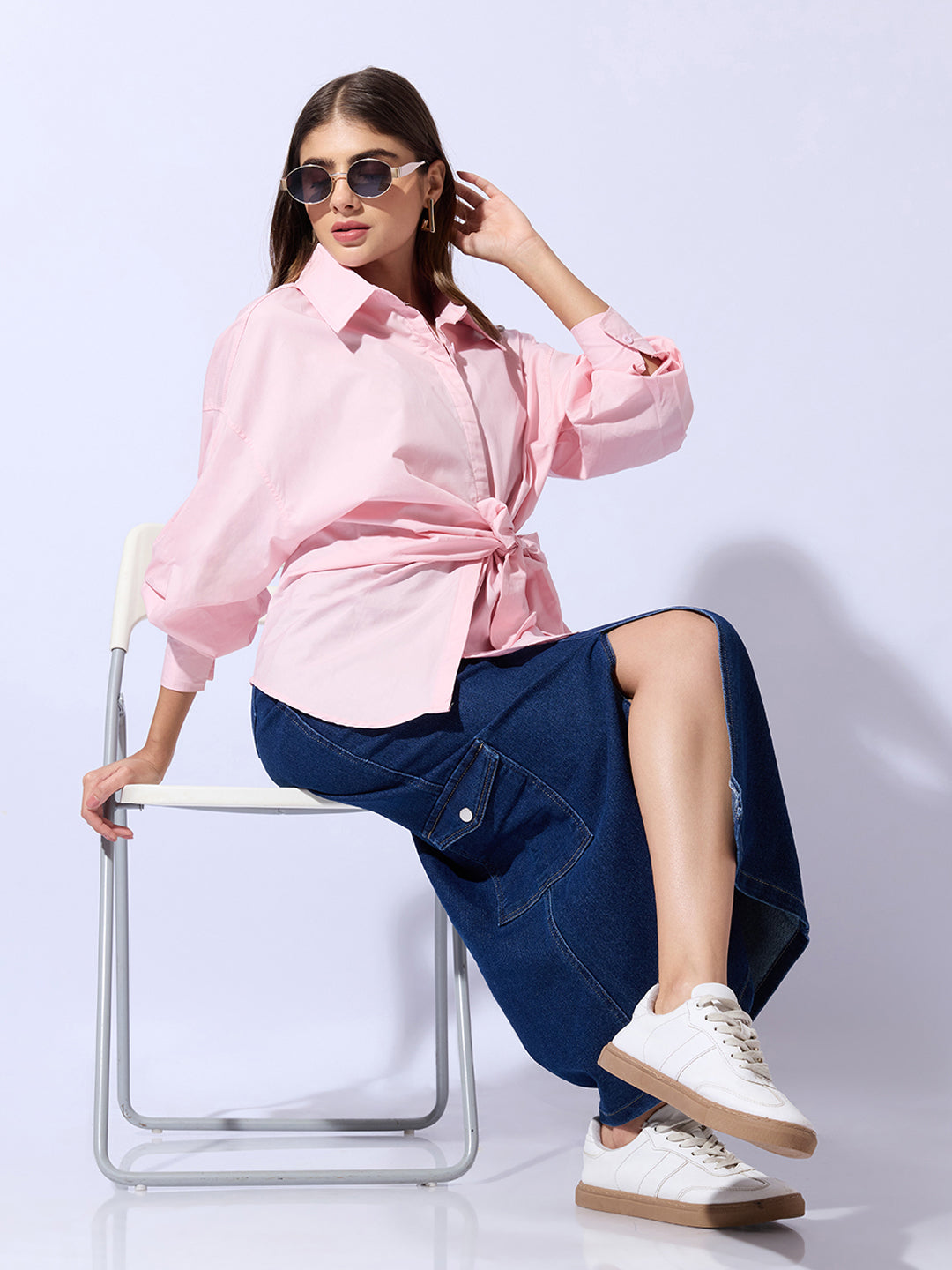 Women's Pink Oversized Tie-Up Shirt with Statement Sleeves