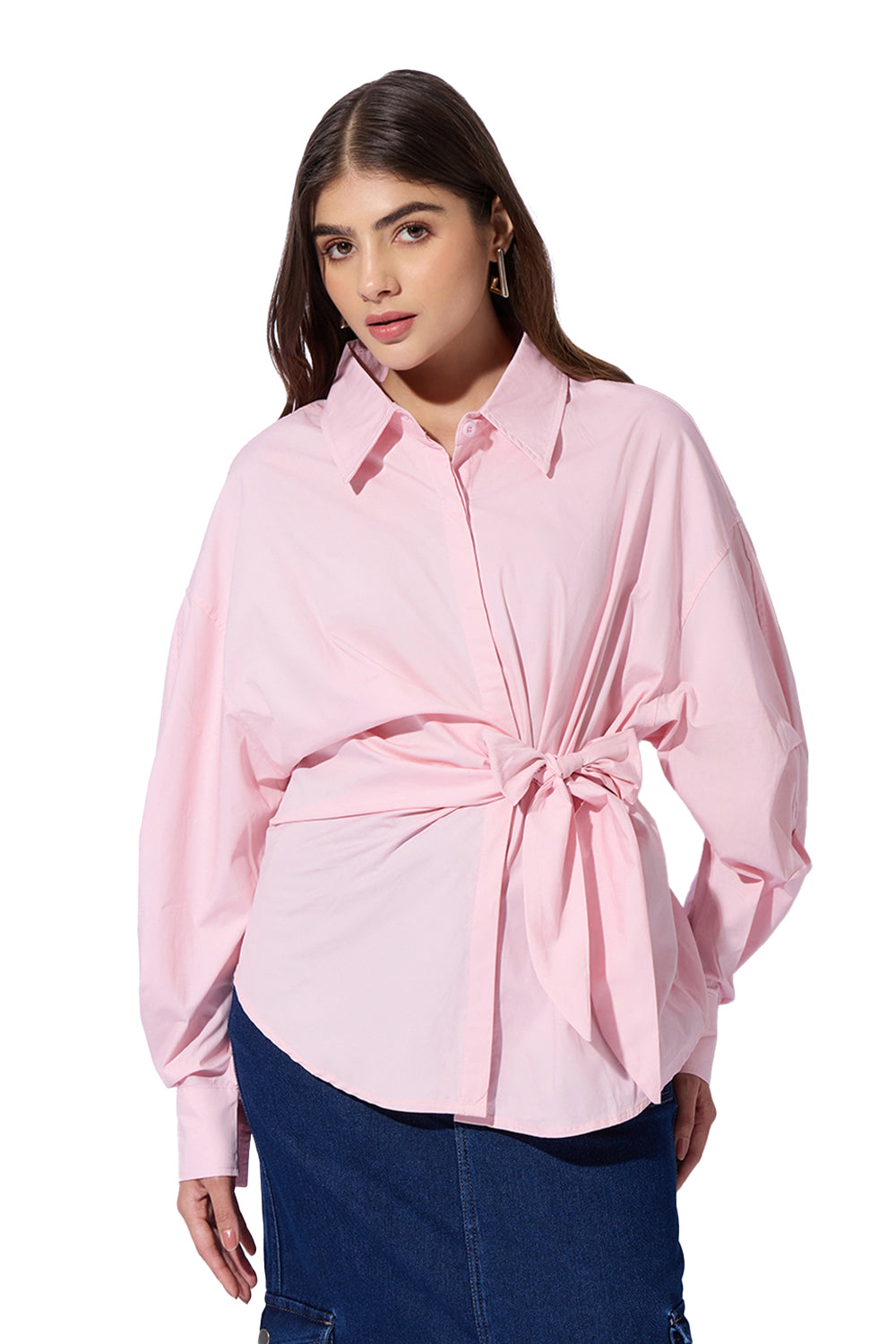 Women's Pink Oversized Tie-Up Shirt with Statement Sleeves