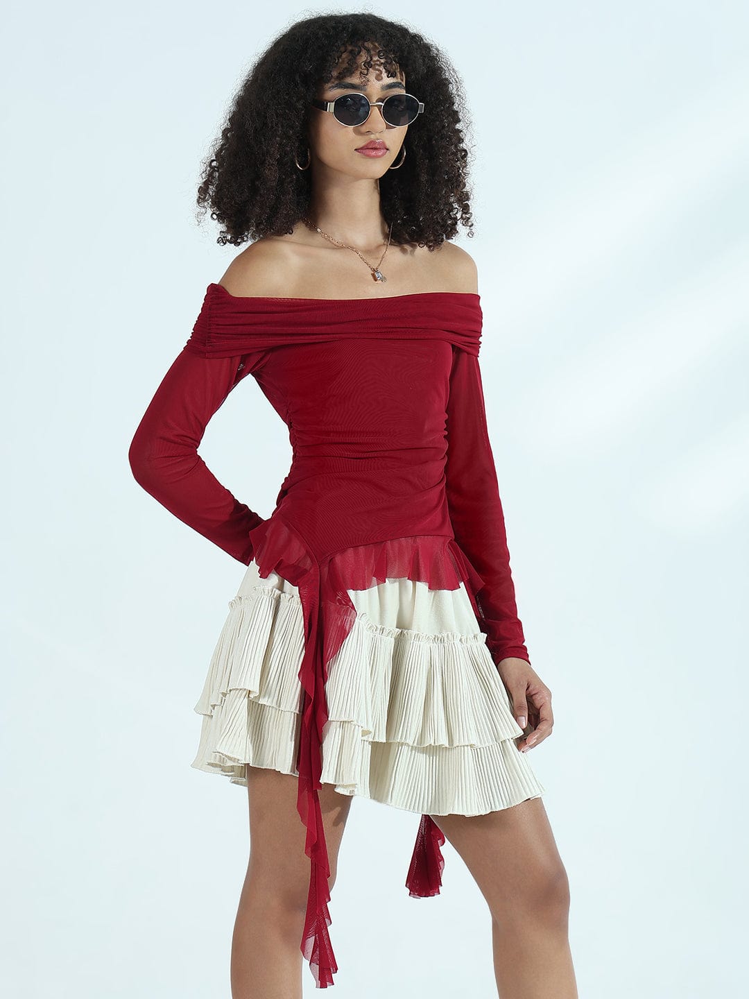 Women's Red Off-Shoulder Mesh Long Sleeve Top