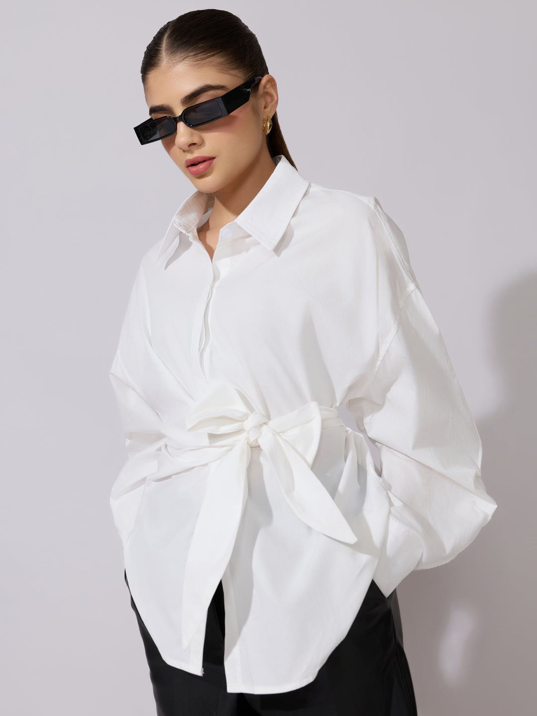 Women's White Oversized Tie-Up Shirt with Statement Sleeves