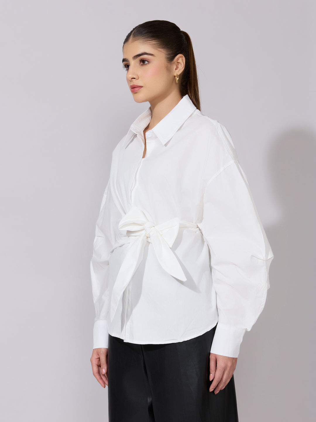 Women's White Oversized Tie-Up Shirt with Statement Sleeves