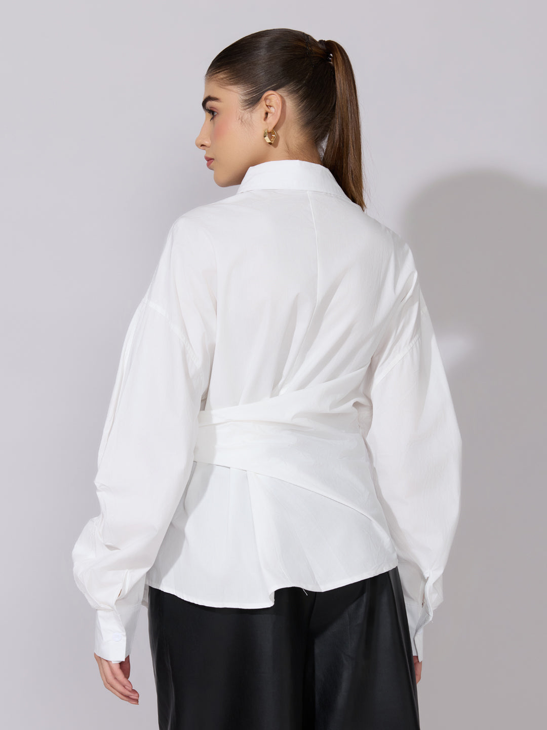 Women's White Oversized Tie-Up Shirt with Statement Sleeves