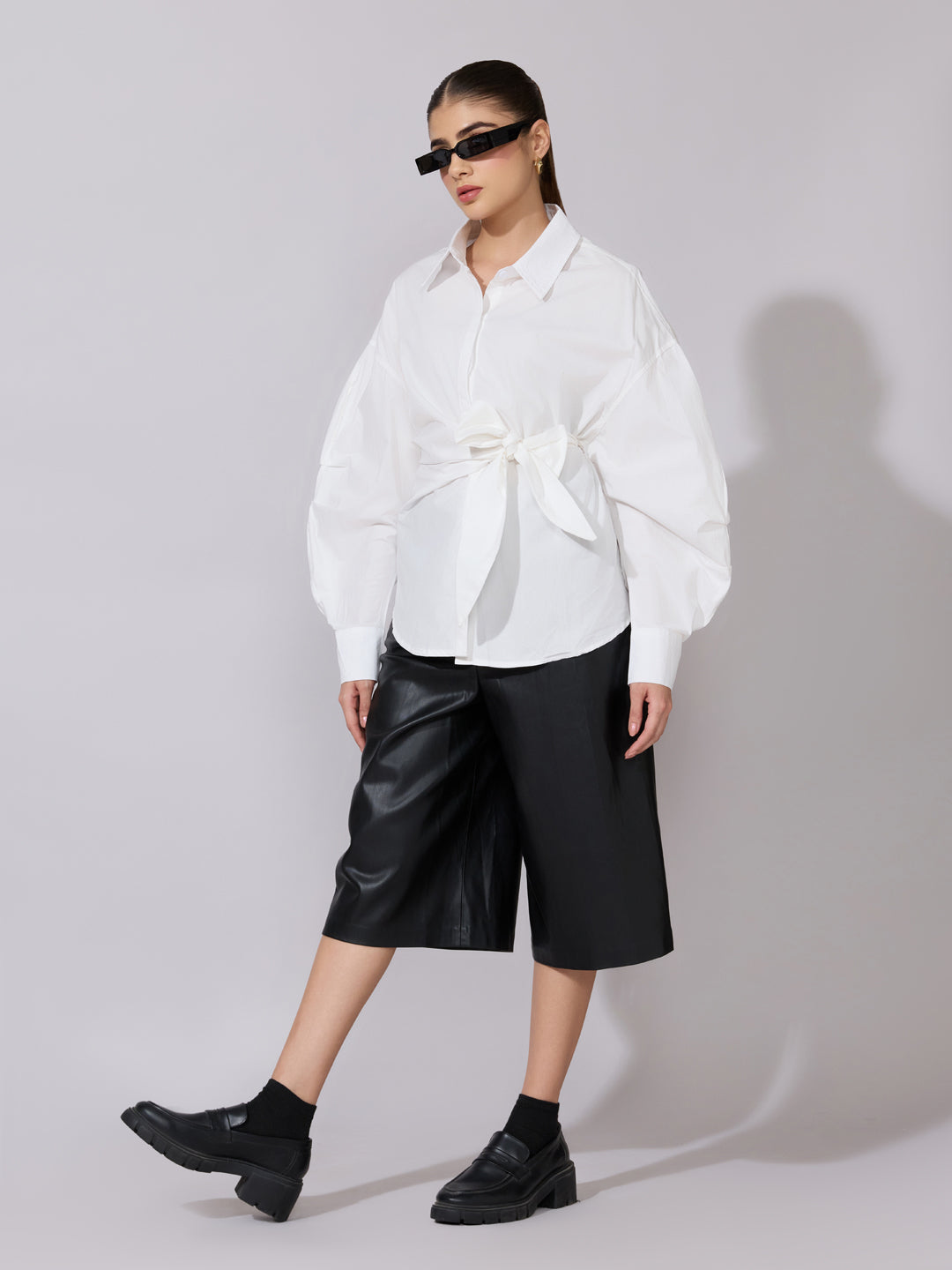 Women's White Oversized Tie-Up Shirt with Statement Sleeves