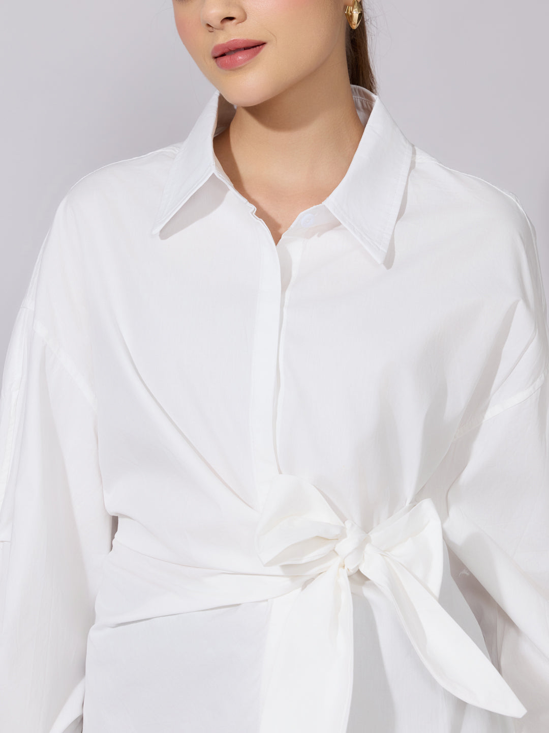 Women's White Oversized Tie-Up Shirt with Statement Sleeves