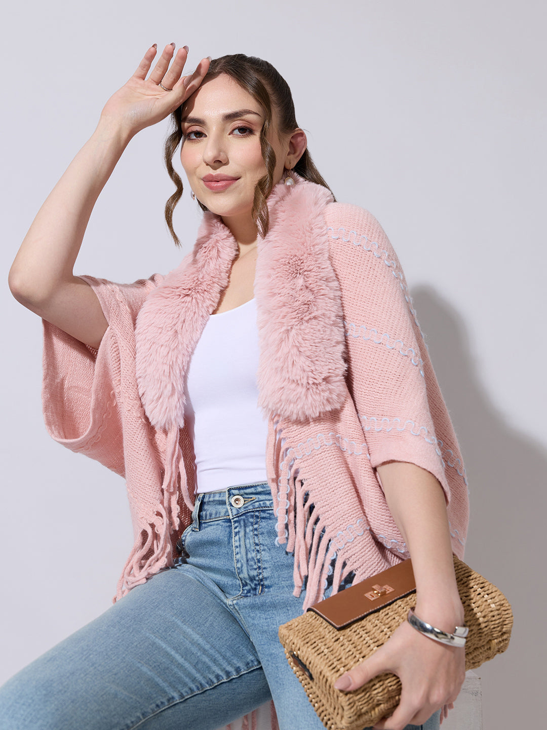 Women's Patterned Knit Pink Poncho with Faux Fur Collar